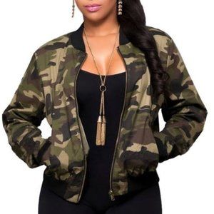 Women's Camo Camouflage Bomber Jacket Zipper Up